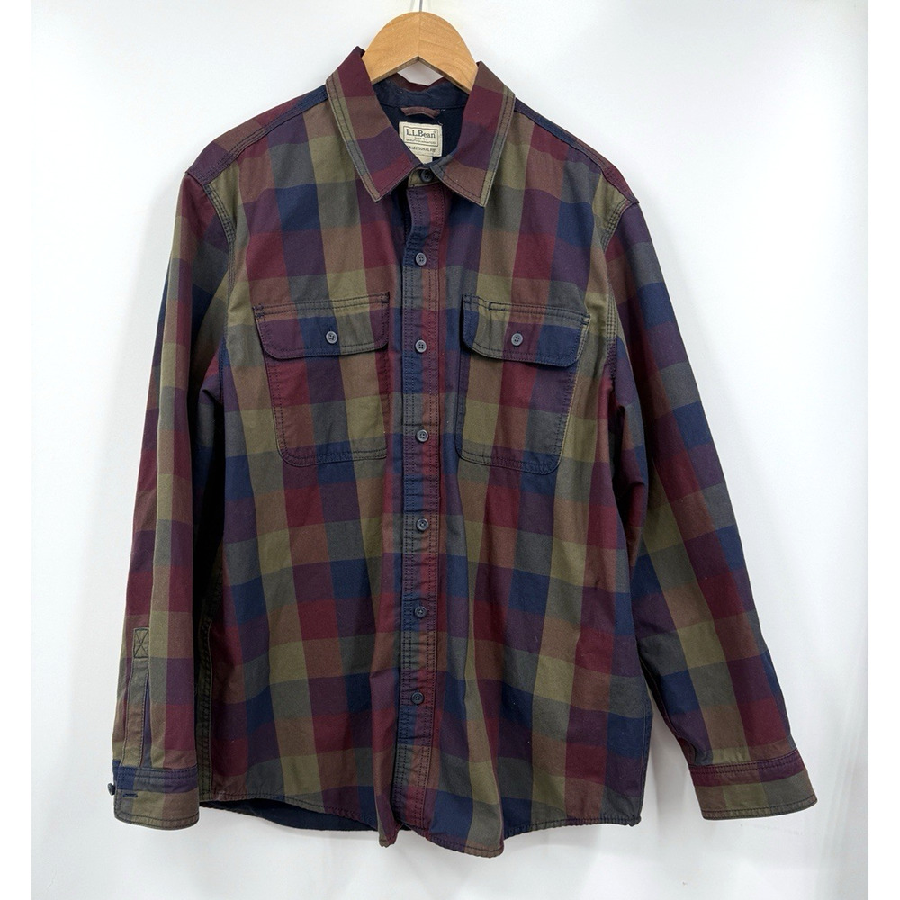 LL Bean Shirt Mens Lined Plaid Button Up Long Sleeve Pockets Size Large‎
